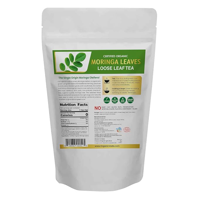 Organic Veda Moringa Tea Leaves - True Green Rich, Premium Single Origin,100% Organic Moringa Oleifera Loose Leaf Tea, Baking, Soup Powder, Caffeine-Free, Vegan, Non-GMO- 7oz