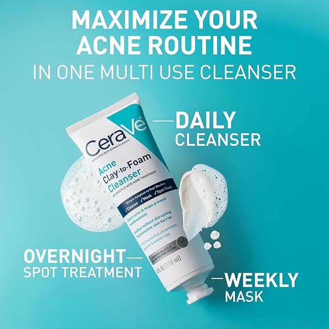 CeraVe Clay To Foam Acne Face Wash,Salicylic Acid & Kaolin Clay Acne Spot Treatment Clears Pimples & Blackheads, Prevents Breakouts, Hydrates & Soothes, Fragrance-Free, Non-Comedogenic,4oz,(Pack of 2)