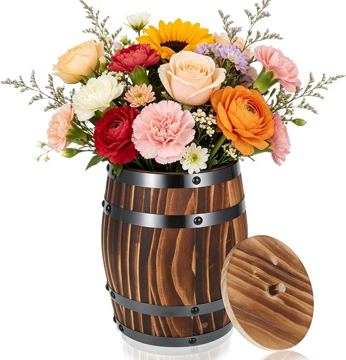 Wine Barrel Design Vase Rustic Flower Holder with Lid Kitchen Utensil Crock Wood Wine Barrel Vase Kitchen Counter Vintage Container Rustic Flower Planter Wooden Storage Container
