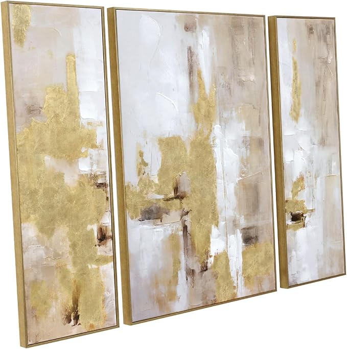 Zessonic Abstract Gold and Beige Textured Wall Art,12"x36"x2 and 24"x36"x1 | Gold and Beige Modern Textured Canvas Prints with Hand-Applied Brush Strokes, Large Wall Decor for Bedroom Office Dining Room