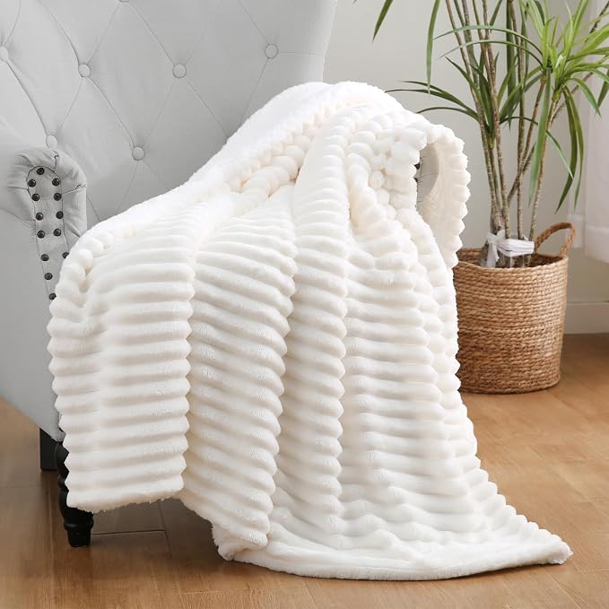 Cream White Sherpa Fleece Throw Blanket 60”×80”for Couch Sofa Bed | Double Side Soft Fuzzy Cozy Plush Thick Flannel Blanket with Striped Design Gift for Adults,Woman