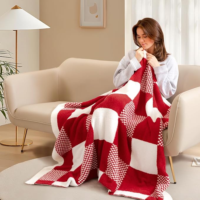 Snuggle Sac Checkered Blanket, Buffalo Plaid Checker, Lux Soft Fuzzy Cozy, Reversible Knitted, Red White, 60x80 inches
