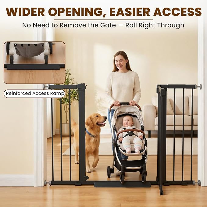 Mumeasy 29.7-48" Baby Gate for Stairs, Pressure Mounted Dog Gate for Doorways, Extra Wide Walk Thru Safety Pet Gate for Doors with Auto Close, Easy Install Child Gate for Hallway Indoor House, Black