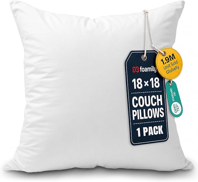 Foamily 18x18 Throw Pillow Insert, White Pillows for Couch, Sofa & Bed | Soft down-alternative fill, hypoallergenic, holds its shape. Fits 18x18 covers. Couch, sofa, bed, nursery decor.