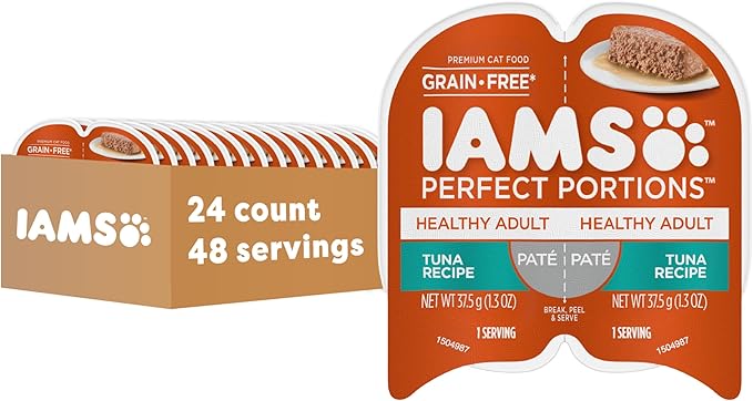 IAMS Perfect Portions Healthy Adult Pate Wet Cat Food, Tuna, 24 Count | Grain-free, prebiotics & beet pulp for digestion, Omega 3 & 6 for skin & coat, snap-peel-serve 2.6 oz. twin-pack trays