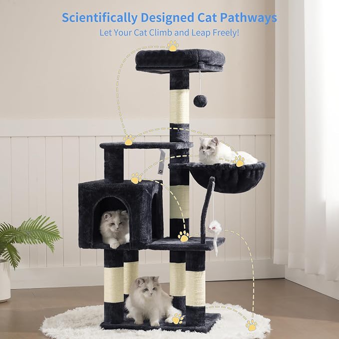 Heybly Cat Tree with Toy, 43.3 inch Cat Tower for Indoor Cats HCT004SG | Cat Condo with Durable Sisal Scratching Posts, Cat House with Padded Plush Perch, Cozy Hammock, Smoky Gray