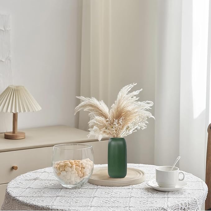 Ceramic Vase for Flowers – Modern Small Ribbed Textured Flower Vase for Home Decor, Pampas Grass, Decorative, Farmhouse, Coffee Table, Kitchen Centerpieces, Bookshelf and Home Living(Green)
