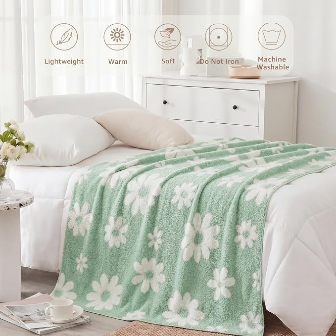 Soft Throw Blanket for Couch-Cozy Reversible Knitted Blankets | Lightweight Warm Fluffy Decor for Women, Mom, Her & Girls, Sofa, Chair, Bed, 50x70in,Daisy Floral Green