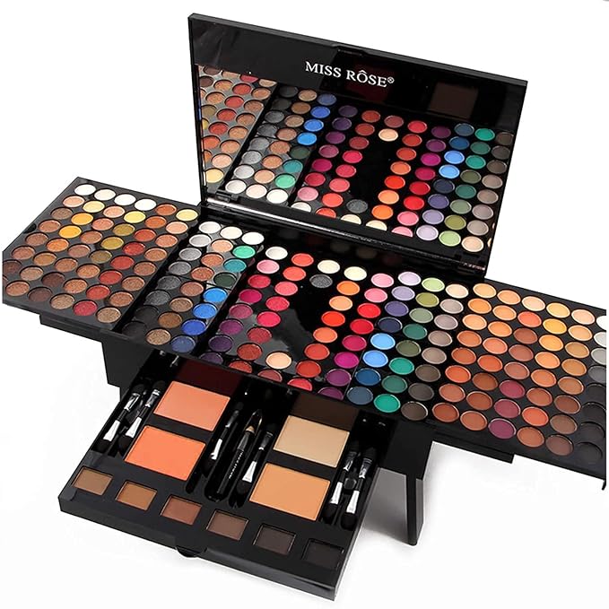 MISS ROSE 190 Colors Cosmetic Make up Piano Box Set,Combination with Eyeshadow /Facial Blusher /Eyebrow Powder /Eyeliner Pencil /Mirror,All-in-1 Makeup Gift Set (Color A)