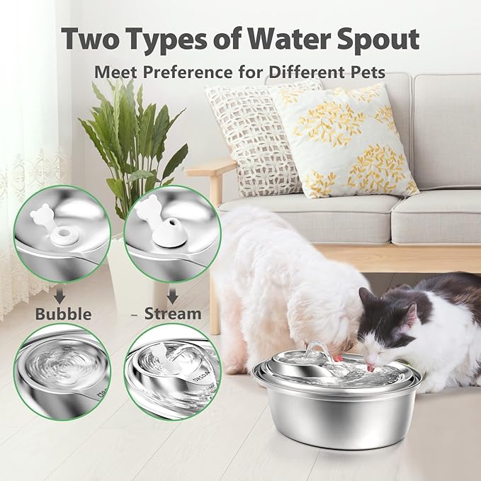 ORSDA Cat Water Fountain Stainless Steel, 3L Automatic Pet Drinking Fountain for Cats Inside, Dog Water Dispenser with Adjustable Water Flow and 6 Replacement Filters for Cats, Dogs (D60)