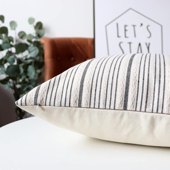 Gray Striped Outdoor Decorative Couch Throw Pillow Covers 12x20 | Pack of 2 Lumbar 12x20 in Farmhouse Throw Pillows for Couch Sofa Bed Grey and Cream