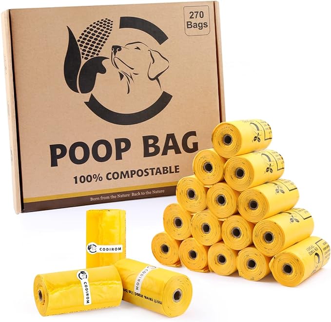 Certified Compostable Dog Poop Bags, 270 Count Landfill Friendly and Leakproof Waste Bags, Easy Open Unscented Maize Yellow Poop Bag for Dog, 15 Doggy Bags Per Roll (18 rolls) | TÜV AUSTRIA Home Compost, ASTM D6400, EN 13432 and NF T51-800 Certified, E...