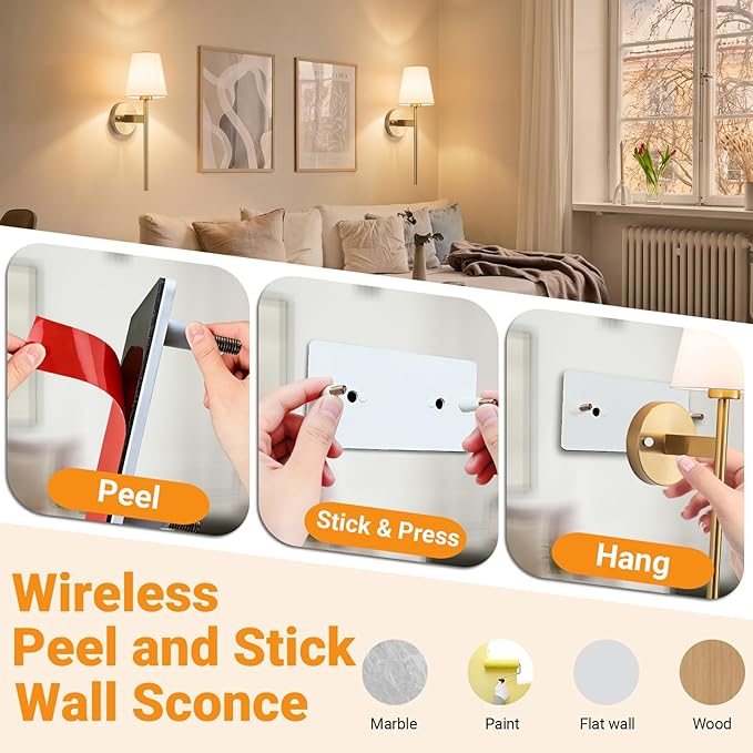 Nekhung Battery Operated Wall Sconce, Peel and Stick Sconces Set of 2 | Wireless Adhesive Stick On Wall Sconce, 10000mAh Rechargeable RGB Bulb with Remote, No Drill Wall Light for Bedroom Decor