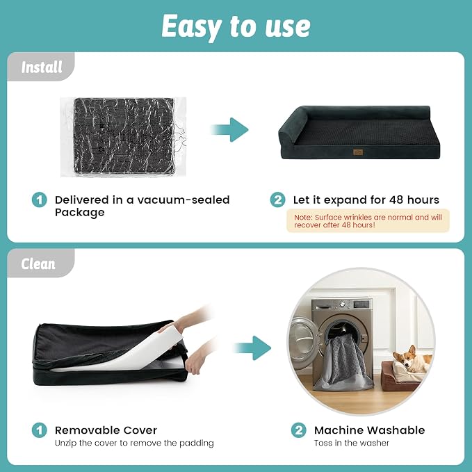 COZY KISS Orthopedic Dog Bed for Medium Small Size Dogs, L Shaped 30x20 in | Non-Slip Bottom Soft Pet Sofa with Washable Removable Waterproof Cover, Egg-Crate Foam Couch with Portable Handle, Black