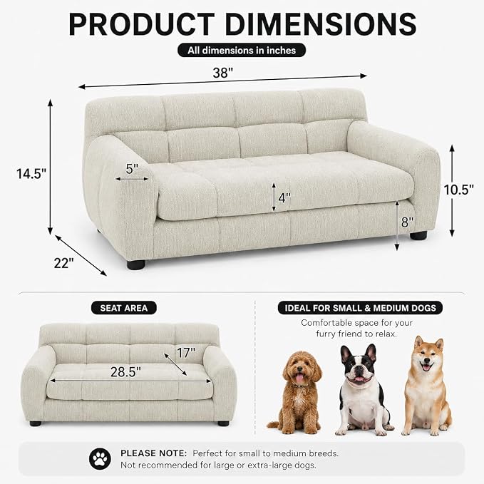 38"x22" DOD Sofa for Small & Medium Dogs | Removable Cushion Cover | Stable Low-Leg Frame | Breathable Linen Fabric | Armrest & Backrest | Easy to Clean | Beige