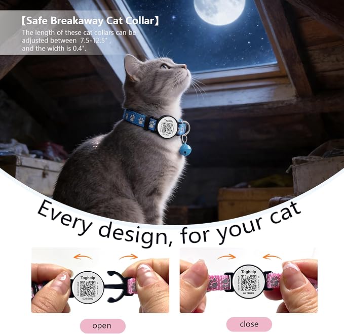 2 Pack Airtag Cat Collar, Breakaway Cat Airtag with Smart ID tag & QR Code Reflective (Reflective Strip & Paw Pattern - Blue, Collar Only)