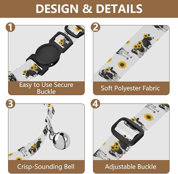 Black White Cows Yellow Sunflowers Bell Collar for Small Dogs 2 Pack Cat Collars Adjustable Length 10.6" to 17.1"
