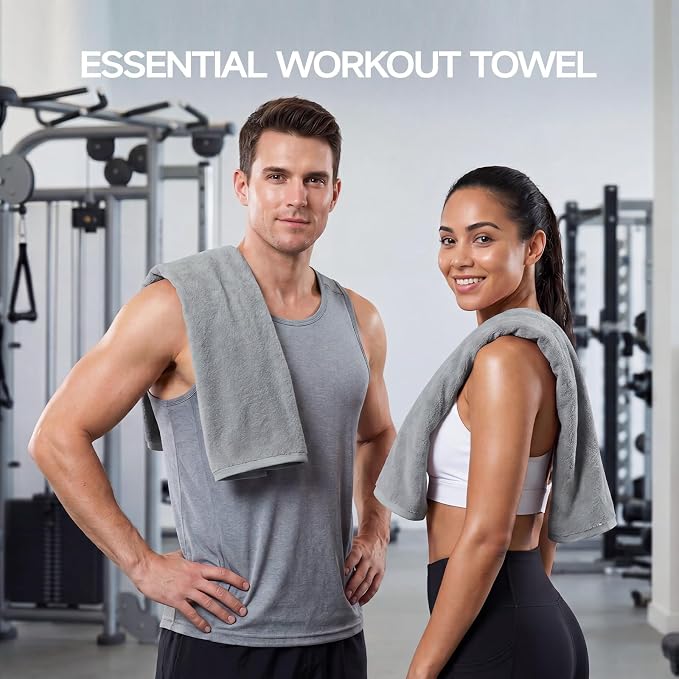 REDKISS 2 Pack Cotton Workout Towels, 43" x 16" Super Absorbent Soft Gym Towels for Men & Women, Large Sweat Sports Towel for Yoga Running Swimming Travel Camping - Light Gray