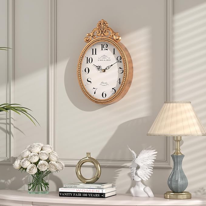Abdurey Small French Retro Decor Wall Clock,Antique Gold Vintage Oval Style | Silent Battery Operated Boho Decorative Wall Clocks for Farmhouse,Kitchen,Bedroom,Bathroom(10.4"H x 6.7"W)