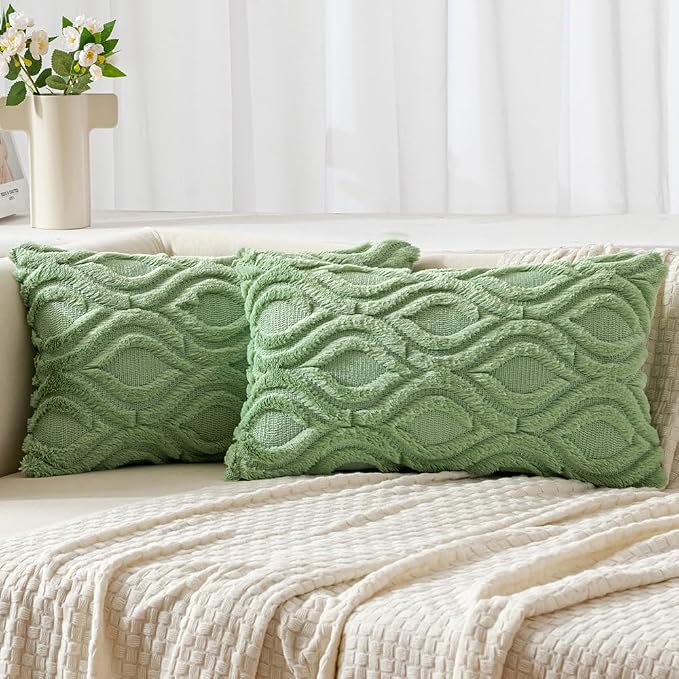 MIULEE Sage Green Soft Plush Faux Wool Lumbar Throw Pillow Covers 12x20 | Set of 2, Farmhouse Boho Home Decor, Decorative Cushion Covers for Sofa, Living Room, Bed