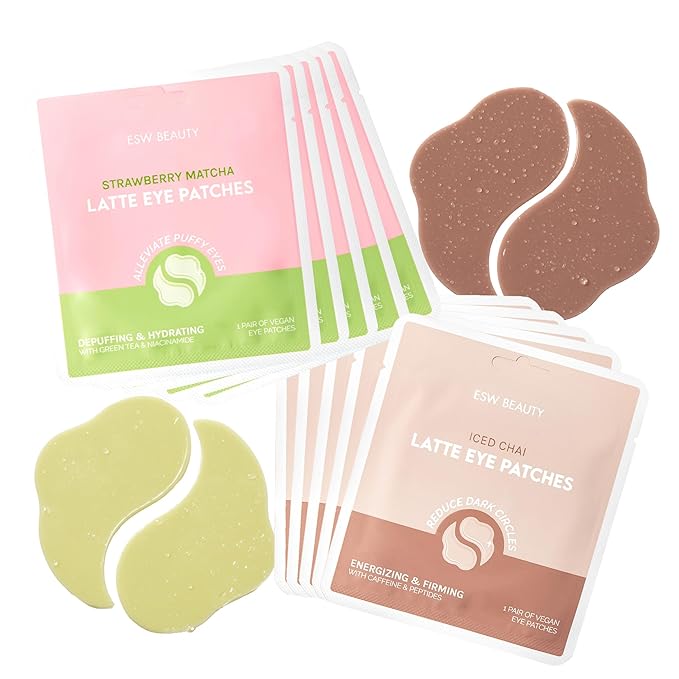 ESW Beauty Under Eye Patches Variety Set (10-Pack) – Soothing & Nourishing – Includes Strawberry Matcha & Iced Chai Latte – For Hydrating Dark Circles Under Eyes