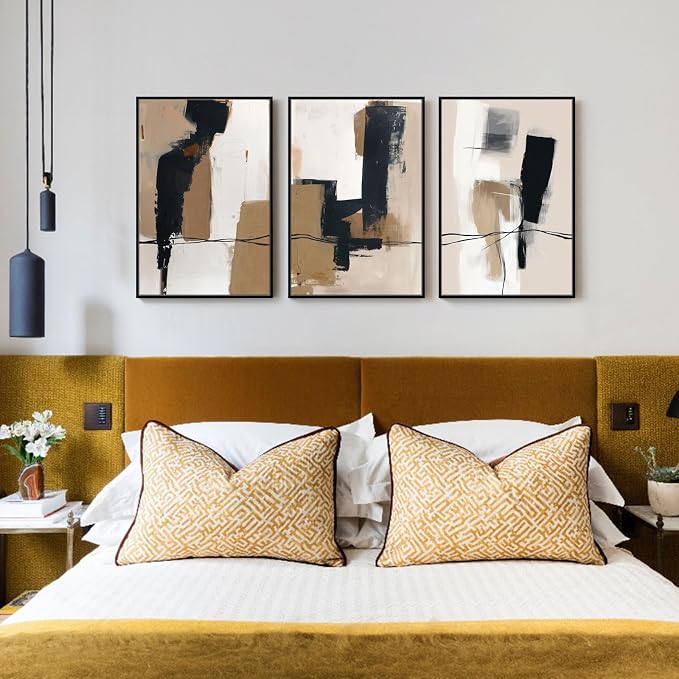 SAFERRYHOME Neutral Abstract Black and Tan Brown Wall Art Set of 3, 16"x24" | Black and Tan Brown Framed Canvas Print Set,Mid-Century Modern Brown Minimalist Shapes for Living Room Bedroom Office Hallway