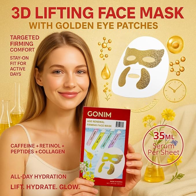 GONIM Korean Face Mask with Integrated Eye Mask Under Eye Patches - PDRN, Collagen Facial Mask, Retinol & Caffeine, Hydrating Face Masks Skincare Gifts for Women Anti Aging Skin Care 1.18ozx4