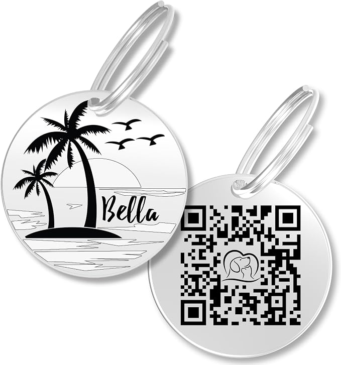 PawFurEver QR Code Dog Tag - Custom Dog Tags/Pet ID Tags for Dogs, Engraved Dog Tag & Pet Tag, Stainless Steel Dog Tags Personalized for Pets (Beach, Silver)