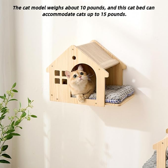 SHENGOCASE Natural Wood Cat Wall Shelves Bed, 2-Pack, Wall-Mounted Box Condo House Perch, Cat Condo Furniture with Washable Pillow Cushions