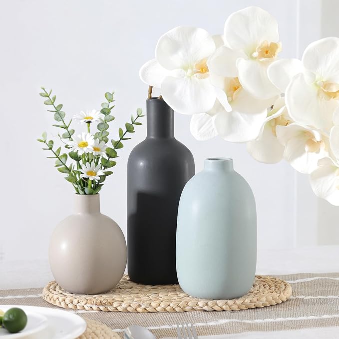 Large Ceramic Vase Set of 3, Neutral Vases Home Decor Waterproof | Farmhouse Vases for Pampas Grass & Dried Flowers and Table Living Room Home Decor