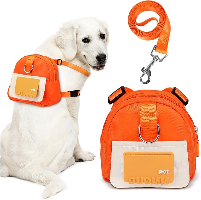 Orange Dog Harness Backpack with Leash & Poop Bag Dispenser, Modern Style, Medium Dog, 17-33 Lb, 5.9" x 5.9" x 2.3"