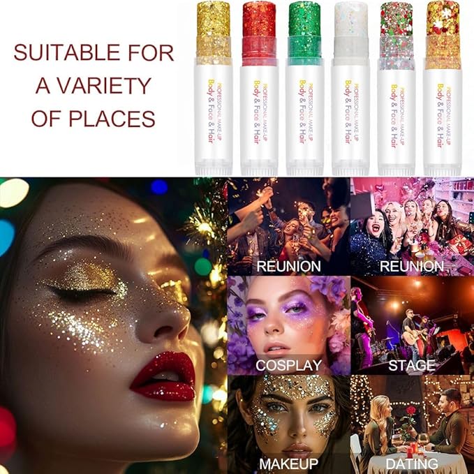 Body Glitter Stick, Sparkling Neon Outfit Holographic Sequins Glitters for Eye Lip Hair Nails Face and Body Glitter Gel Makeup (Gold &White& Red)
