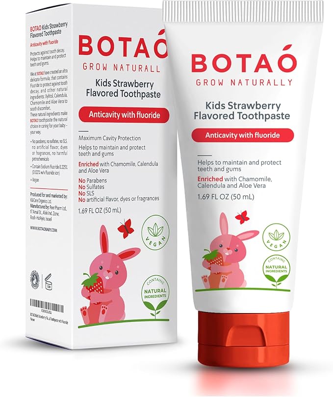 Botao Kids Natural Strawberry Flavored Anticavity Fluoride Toothpaste Maximum Cavity Protection Cleans Children’s Teeth Protects Gums Chamomile Aloe Vera Calendula Xylitol for Ages 2 and Up