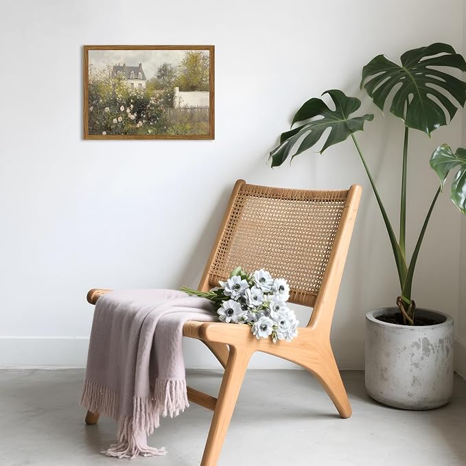 Framed Vintage Wall Art, Cottage Rose Garden Landscape Pictures Wall Decor Paintings, Rustic Spring Farmhouse Canvas Prints Aesthetic Home Decor for Living Room Bedroom Bathroom 12x16 inch