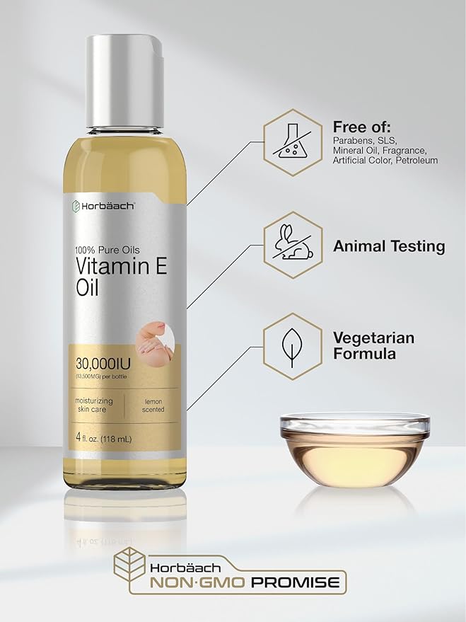 Horbäach Vitamin E Oil For Skin and Face | 4 fl oz | 100% Pure Oils | Moisturizing Skin Care | Non-GMO, Vegetarian | Lemon Scented