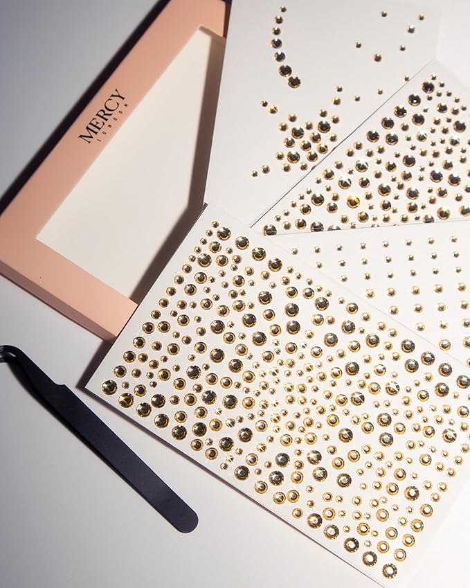 MERCY LONDON Face Gems in Gold, 866 Self Adhesive Rhinestone Stickers for Face, Eye, Makeup, Body, DIY Face Gems