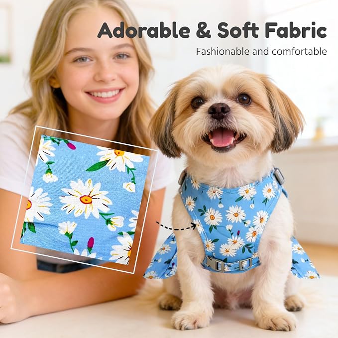BAEJMJK Dog Dress Bowknot Harness Leash Set for Small Dogs Cats Daisy Floral Girl Dog Dresses Cute Puppy Princess Clothes Pet Doggy Outfits Spring Summer Breathable Dresses(Blue,Medium)