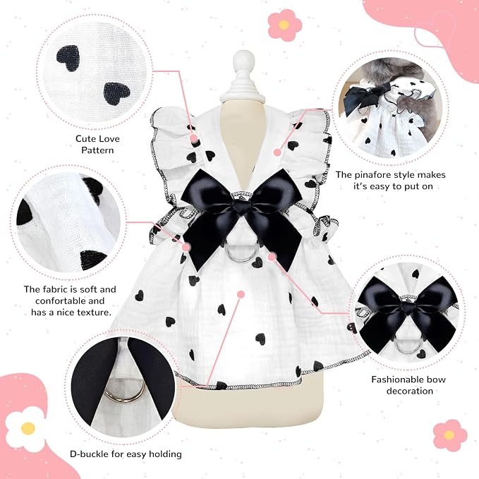 Dog Dresses for Small Dogs Girl Female Dog Cat Clothes Dress Cute Cotton Extra Summer Clothes Bow Decor Printed Love Birthday Outfit Puppy Clothes (Light Pink & Black, X-Large)