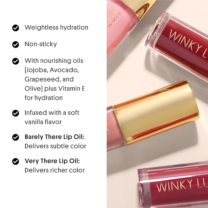 Winky Lux Pink Opal Very There Lip Oil - Hydrating Nude Pink Gloss with Jojoba Oil, Non-Sticky Glossy Lip Oil, Tinted Pink Shimmer Gloss for Juicy Lips & Soft Vanilla Scent