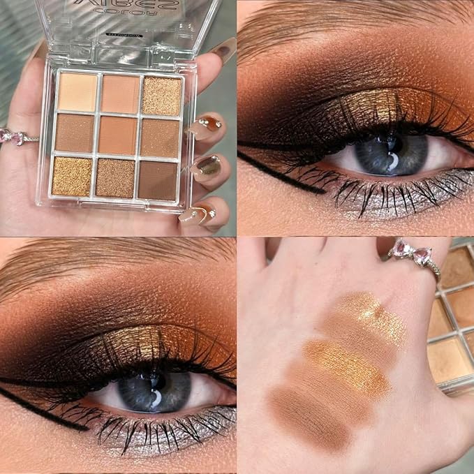 URQT Golden Caramel Eyeshadow Palette – 9 Warm Bronze & Nude Brown Shades with Matte & Metallic Finishes, High Pigment Blendable Palette for Natural to Glam Looks