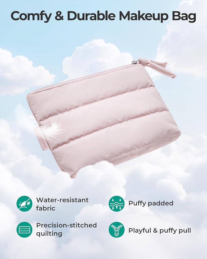 BAGSMART Small Puffy Water-Resist Makeup Bag for Women | Ideal stash for lip gloss, wireless earbuds, meds, chargers, tiny toiletries