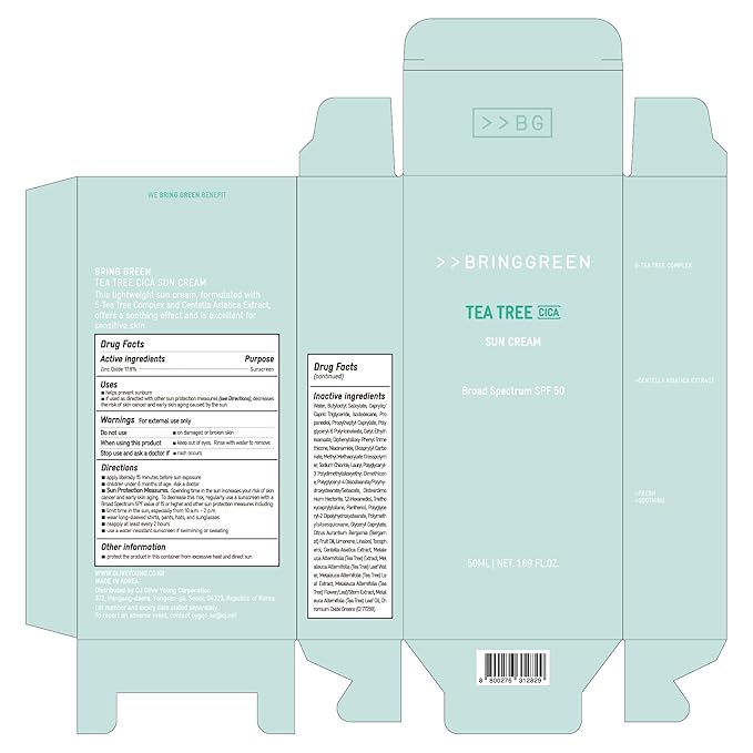BRING GREEN Tea Tree CICA Mineral Sunscreen SPF 50+ PA++++ | Non-Nano Zinc Oxide Face Sun Lotion, Reef Safe Korean Sunscreen for Sensitive Skin, Oil-Free, 1.69 fl. oz