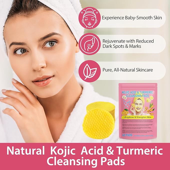 Kojic Acid and Turmeric Cleansing Pads, Turmeric Kojic Acid Pads for Face Scrub, Deep Cleansing Dark Spots with Lemon Extract, Vitamin C, Vitamin B5 (40pcs)