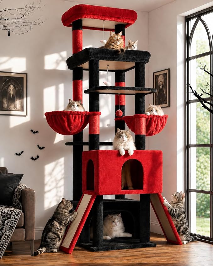 Globlazer Heavy Duty Cat Tree 78 inch Sturdy Gothic Cat Tower for 20lbs Large Adult Cats, Symmetrical Aesthetic Big Goth Cat Tree with Extra Large Platform, 2 Scratching Boards, Z78, Black Red