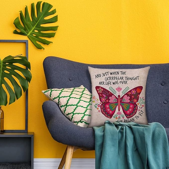 Littlefa Butterfly Decorative Throw Pillow Cover, She Began to Fly Sign | Motivational Throw Pillow Covers for Girls, Inspirational Decorative Pillow Case for Couch Girls Bedroom, 18×18 In