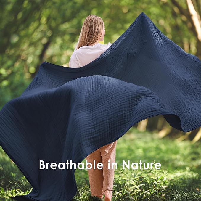 EMME Muslin Blankets for Adults Throw Blanket for Couch Breathable Gauze Soft Lightweight Airy Navy King 108" x 90"