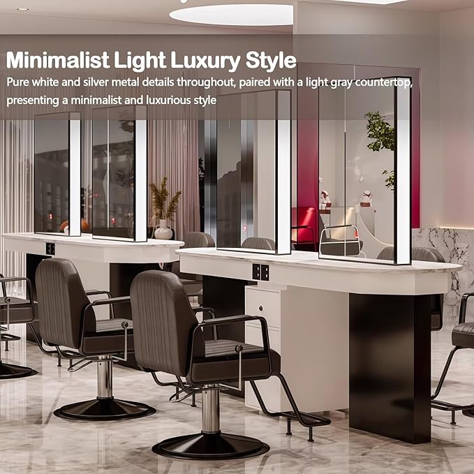 4-Person Salon Station for Hair Stylist with Sleek Modern Glossy Black Design, Barber Station includes LED Mirror, Spacious Countertop, Drawer & Cabinet