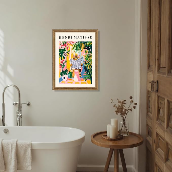 ICHZUMW Framed Funny Tabby Cat Matisse Canvas Bathroom Wall Art, 16x24 In | Humorous Cat Reading on Toilet, Girly Pink Dopamine Bathroom Wall Decor, Restroom Powder Room, Fade Resistant, Ready to Hang