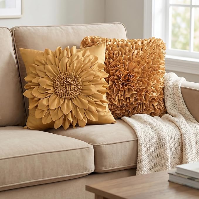 Gold Accent 3D Flower Decorative Throw Pillow Covers for Bed Sofa Couch | Bella's Giftshop Handmade Sunflower Taffeta Pillow Cases Living Room Bedroom Decor, 18x18 Inch