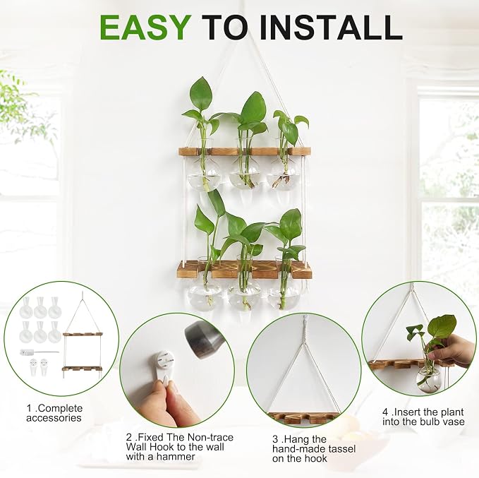 Plant Propagation Station Wall Hanging with 2 Tiered Wooden Stand | Plant Terrarium for Hydroponics Plants, Unique Gardening Gifts for Women Mom Plants Lovers - 6 Bulb Glass Vases